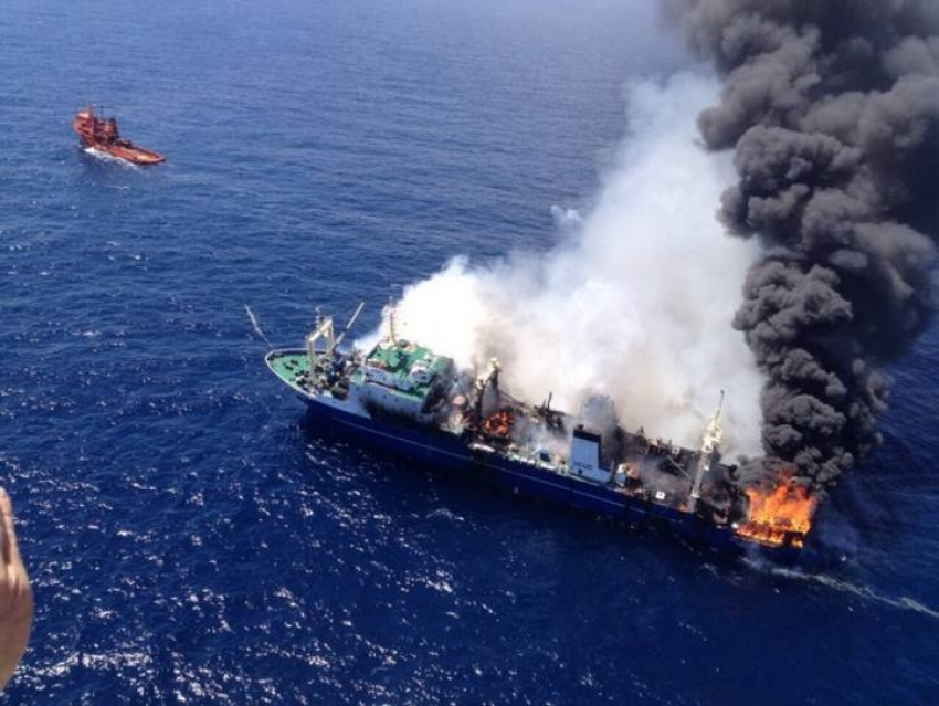 The Oleg Naydenov on fire before sinking